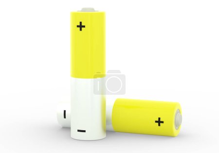 Photo for Two yellow AA size batteries isolated on white background close up, carbon zinc batteries, rechargeable batteries, mockup. 3D rendering illustration - Royalty Free Image