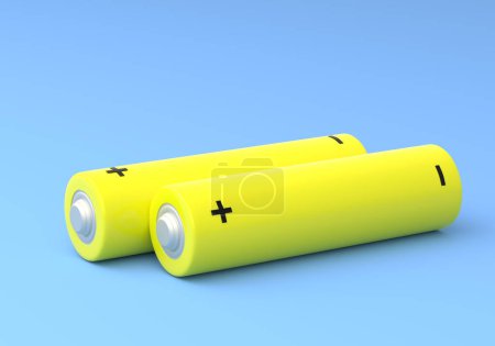 Foto de Dos pilas de tamaño AA amarillas aisladas sobre fondo azul en colores pastel. Batería alcalina. Concepto mínimo. ilustración de renderizado 3d - Imagen libre de derechos