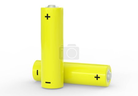 Foto de Dos pilas de tamaño AA amarillas aisladas sobre fondo blanco de cerca, baterías de zinc de carbono, baterías recargables, maqueta. Ilustración de representación 3D - Imagen libre de derechos