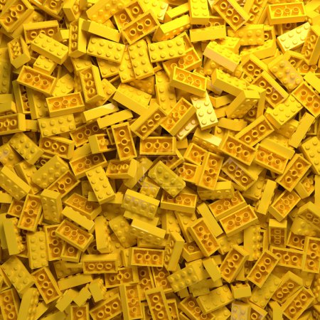 Foto de Amarillo ladrillos de juguete de plástico de fondo. Juguete educativo para niños. Montón de bloques de construcción de niños. Ilustración de representación 3D - Imagen libre de derechos