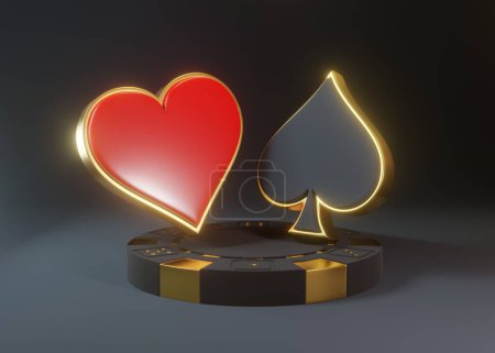 Téléchargez les photos : Jetons de poker Casino et as jouer aux cartes symbole pique et les cœurs avec des couleurs rouges et noires isolées sur le fond noir. Illustration de rendu 3D - en image libre de droit