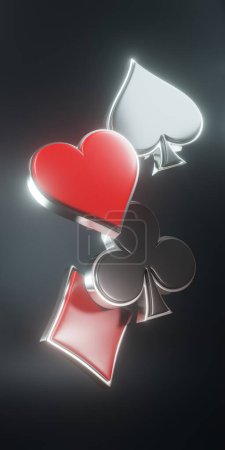 Photo for Aces playing cards symbol clubs, diamons, spades and hearts with red and black colors isolated on the black background. 3d render illustration - Royalty Free Image