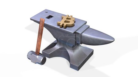 Photo for Anvil and hammer with golden bitcoin symbol isolated on white background. 3d render illustration - Royalty Free Image