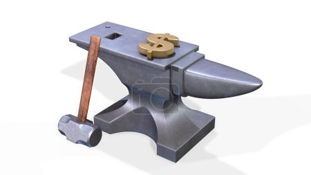 Photo for Anvil and hammer with golden dollar symbol isolated on white background. 3d render illustration - Royalty Free Image