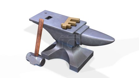 Photo for Anvil and hammer with golden franc symbol isolated on white background. 3d render illustration - Royalty Free Image