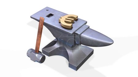 Photo for Anvil and hammer with golden euro symbol isolated on white background. 3d render illustration - Royalty Free Image