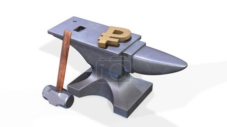 Photo for Anvil and hammer with golden ruble symbol isolated on white background. 3d render illustration - Royalty Free Image