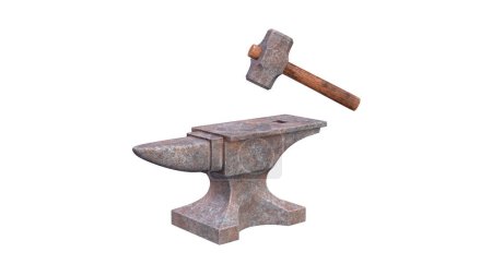 Photo for Rusty anvil and hammer isolated on white background. 3d render illustration - Royalty Free Image