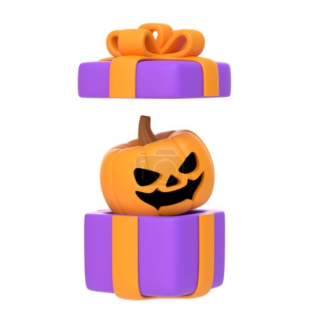 Téléchargez les photos : Boîte cadeau ouverte avec citrouille Halloween Jack-o-Lantern isolée sur fond blanc. Joyeux Halloween concept. Vacances traditionnelles d'octobre. Illustration de rendu 3D - en image libre de droit