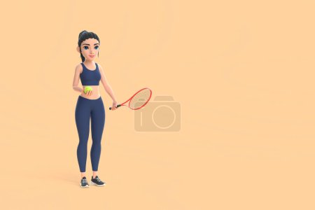 Téléchargez les photos : Personnage de bande dessinée femme en tenue de sport jouant au tennis sur fond beige. Illustration de rendu 3D - en image libre de droit