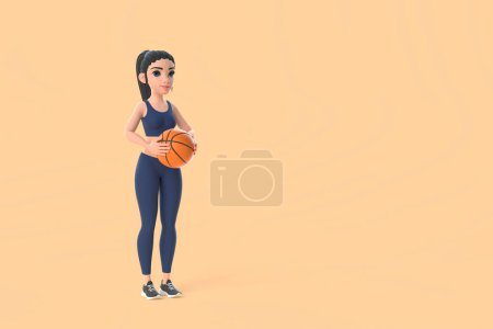 Téléchargez les photos : Femme personnage de bande dessinée en tenue de sport tenant ballon de basket sur fond beige. Illustration de rendu 3D - en image libre de droit