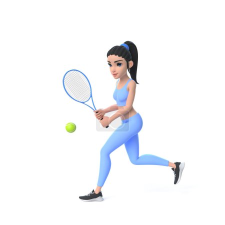 Foto de Personaje de dibujos animados mujer en ropa deportiva jugando tenis aislado sobre fondo blanco. Ilustración de representación 3D - Imagen libre de derechos