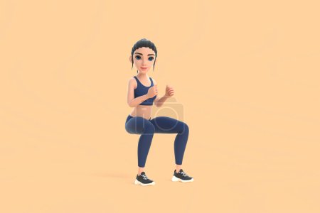 Foto de Personaje de dibujos animados mujer en ropa deportiva haciendo sentadillas sobre fondo beige. Ilustración de representación 3D - Imagen libre de derechos