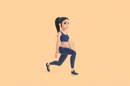 Photo for Cartoon character woman in sportswear doing squats on beige background. 3D render illustration - Royalty Free Image