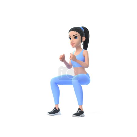 Téléchargez les photos : Personnage de bande dessinée femme en tenue de sport faisant squats isolés sur fond blanc. Illustration de rendu 3D - en image libre de droit
