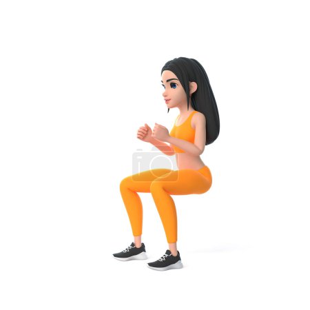Foto de Personaje de dibujos animados mujer en ropa deportiva haciendo sentadillas aisladas sobre fondo blanco. Ilustración de representación 3D - Imagen libre de derechos