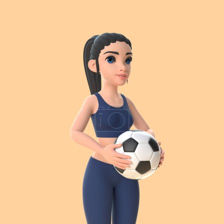 Photo for Cartoon character woman in sportswear holding soccer ball on beige background. 3D render illustration - Royalty Free Image