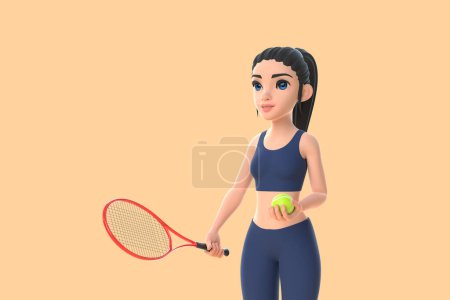 Téléchargez les photos : Personnage de bande dessinée femme en tenue de sport jouant au tennis sur fond beige. Illustration de rendu 3D - en image libre de droit
