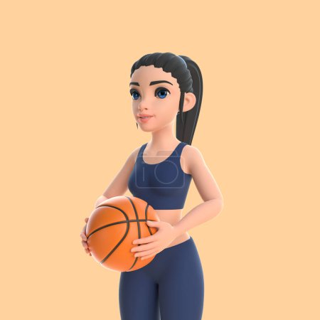 Foto de Personaje de dibujos animados mujer en ropa deportiva con pelota de baloncesto sobre fondo beige. Ilustración de representación 3D - Imagen libre de derechos