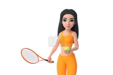 Téléchargez les photos : Personnage de bande dessinée femme en tenue de sport jouant au tennis isolé sur fond blanc. Illustration de rendu 3D - en image libre de droit