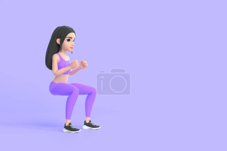 Téléchargez les photos : Personnage de bande dessinée femme en vêtements de sport faire squats sur fond violet. Illustration de rendu 3D - en image libre de droit