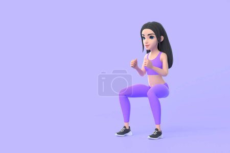 Foto de Personaje de dibujos animados mujer en ropa deportiva haciendo sentadillas sobre fondo púrpura. Ilustración de representación 3D - Imagen libre de derechos