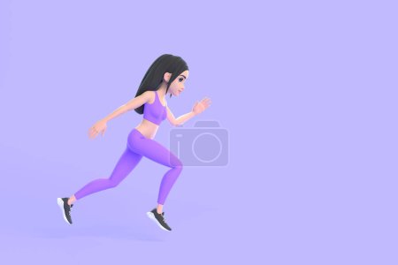 Foto de Personaje de dibujos animados mujer en ropa deportiva corriendo sobre fondo púrpura. Ilustración de representación 3D - Imagen libre de derechos