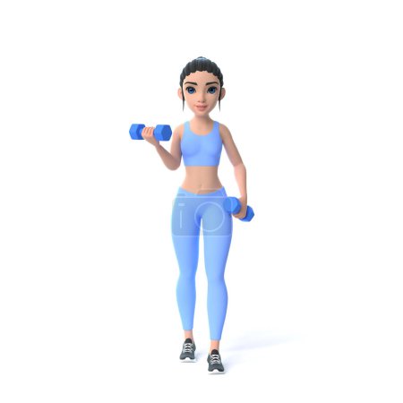 Photo for Cartoon character woman in sportswear doing exercises with dumbbells isolated on white background. 3D render illustration - Royalty Free Image
