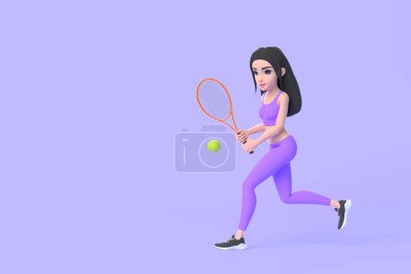 Téléchargez les photos : Personnage de bande dessinée femme en vêtements de sport jouer au tennis sur fond violet. Illustration de rendu 3D - en image libre de droit
