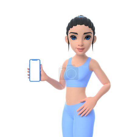 Téléchargez les photos : Femme personnage de bande dessinée en vêtements de sport montre un smartphone avec un blanc écran blanc maquette isolé sur fond blanc. Illustration de rendu 3D - en image libre de droit