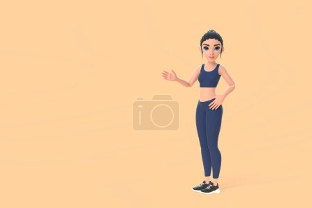 Téléchargez les photos : Personnage de bande dessinée femme en vêtements de sport vous montre le chemin, pointant sa main sur fond beige. Illustration de rendu 3D - en image libre de droit