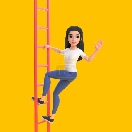 Foto de Personaje de dibujos animados mujer subir la escalera sobre fondo amarillo. Ilustración de representación 3D - Imagen libre de derechos