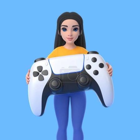 Foto de Personaje de dibujos animados mujer sostiene un gran mando sobre fondo azul. Ilustración de representación 3D - Imagen libre de derechos
