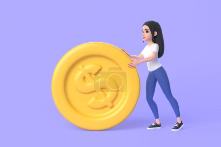 Photo for Cartoon character woman is rolling a golden dollar coin on a purple background. 3D render illustration - Royalty Free Image