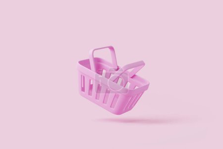 Foto de Flying cesta de la compra de dibujos animados sobre fondo rosa. Estilo mínimo vacío carrito de la compra de comestibles. Ilustración de representación 3D - Imagen libre de derechos