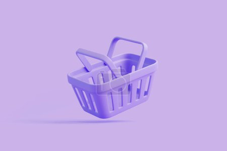 Photo for Flying cartoon shopping basket on purple background. Minimal style empty grocery shopping cart. 3D render illustration - Royalty Free Image