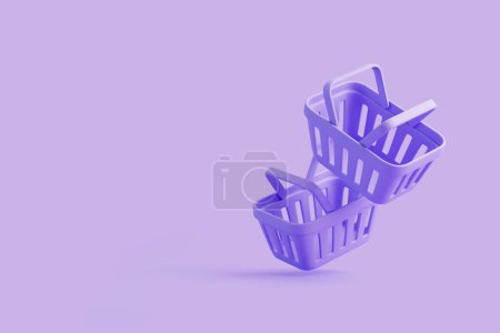 Foto de Flying canastas de compras de dibujos animados sobre fondo púrpura. Estilo mínimo vacío carrito de la compra de comestibles. Ilustración de representación 3D - Imagen libre de derechos