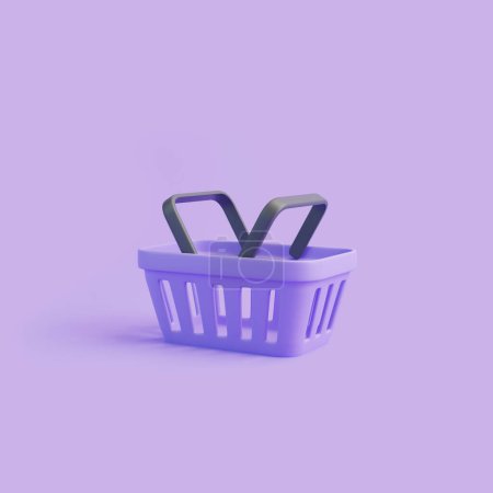 Téléchargez les photos : Panier de dessin animé sur fond violet. Panier d'épicerie vide de style minimal. Illustration de rendu 3D - en image libre de droit