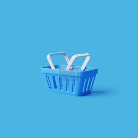 Photo for Cartoon shopping basket on blue background. Minimal style empty grocery shopping cart. 3D render illustration - Royalty Free Image