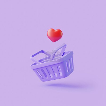 Foto de Cesta de compra de dibujos animados voladores con corazón rojo sobre fondo púrpura. Estilo mínimo vacío carrito de la compra de comestibles. Ilustración de representación 3D - Imagen libre de derechos