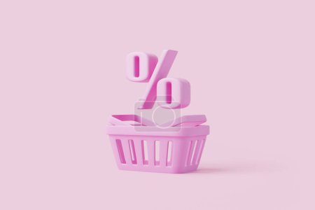 Foto de Cesta de compra de dibujos animados con signo de porcentaje sobre fondo rosa. Carrito de compras de estilo mínimo. Ilustración de representación 3D - Imagen libre de derechos