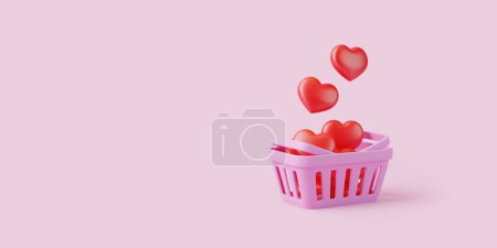 Téléchargez les photos : Panier de dessin animé avec des cœurs rouges sur fond rose. Panier d'épicerie vide de style minimal. Illustration de rendu 3D - en image libre de droit