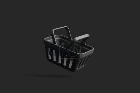 Photo for Flying cartoon shopping basket on black background. Minimal style empty grocery shopping cart. 3D render illustration - Royalty Free Image