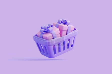 Téléchargez les photos : Panier d'achat de dessin animé volant avec des boîtes-cadeaux sur fond violet. Panier d'épicerie de style minimal. Illustration de rendu 3D - en image libre de droit