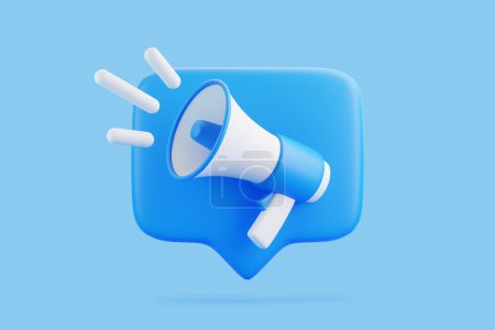 Photo for Cartoon megaphone with notification speech bubble on blue background. Loudspeaker or bullhorn in minimal style. 3D render illustration - Royalty Free Image