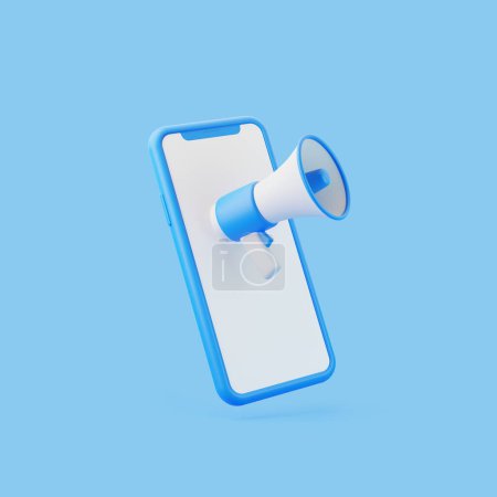Téléchargez les photos : Dessin animé mégaphone avec téléphone portable sur fond bleu. Haut-parleur ou bullhorn dans un style minimal. Illustration de rendu 3D - en image libre de droit