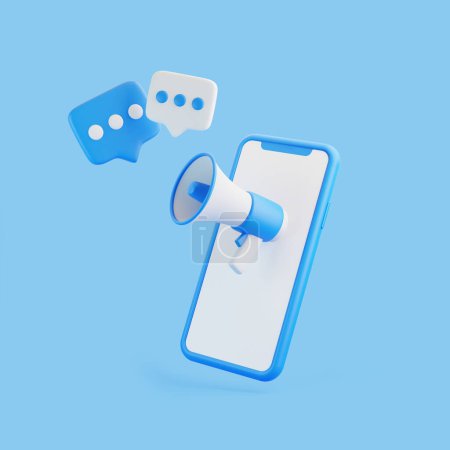 Photo for Cartoon megaphone with mobile phone and speech bubble notification on blue background. Loudspeaker or bullhorn in minimal style. 3D render illustration - Royalty Free Image