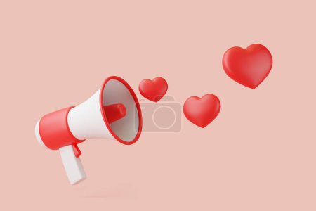 Photo for Cartoon megaphone with hearts on pink background. Loudspeaker or bullhorn in minimal style. 3D render illustration - Royalty Free Image