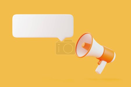 Téléchargez les photos : Mégaphone de bande dessinée avec bulle vocale de notification sur fond orange. Haut-parleur ou bullhorn dans un style minimal. Illustration de rendu 3D - en image libre de droit