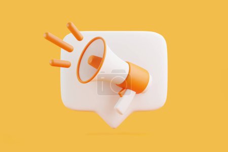 Foto de Megáfono de dibujos animados con burbuja de voz de notificación sobre fondo naranja. Altavoz o megáfono en estilo minimalista. Ilustración de representación 3D - Imagen libre de derechos